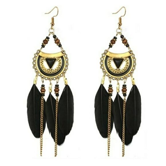 🌼Black Boho dangle feathers - Picture 1 of 5